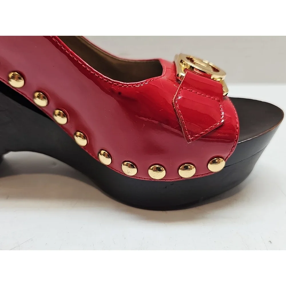 Michael Kors Red Patent Leather Platform Wedge Sandals Gold MK‎ Logo Studded 6M